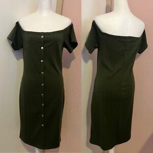 Forest Green Ribbed Off The Shoulder Midi Dress